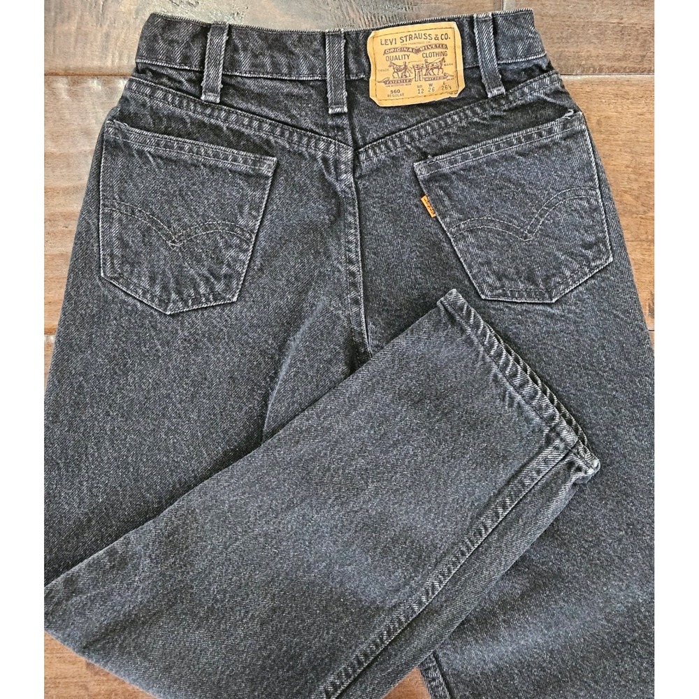 Vintage Levis 560 Regular Black Acid Wash Orange Tab Jeans Kids Size 12 W26